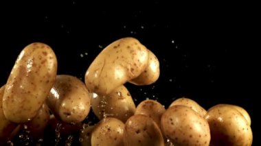 Patatesler uçar ve düşer. Film, yavaş çekim 1000 fp. Yüksek kaliteli FullHD görüntüler