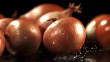 Soğan masaya düştü. Film, yavaş çekim 1000 fp. Yüksek kaliteli FullHD görüntüler