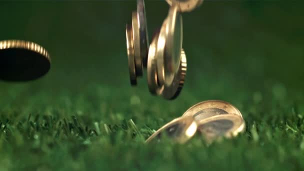 Monety Spadają Zielony Trawnik Nagrywane Jest Spowolnienie 1000 Fps Wysokiej — Wideo stockowe