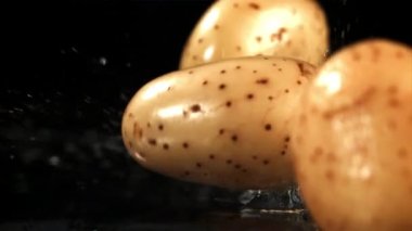 Patatesler masaya düşer. Film, yavaş çekim 1000 fp. Yüksek kaliteli FullHD görüntüler