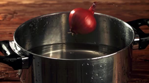 Onion Falls Pan Water Filmed Slow Motion 1000 Fps High — Stock Video