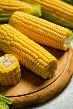 Kesme tahtasındaki taze mısır.