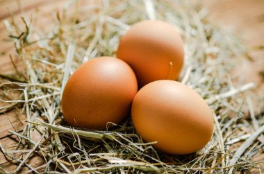 Tahta masadaki tavuk yumurtaları..