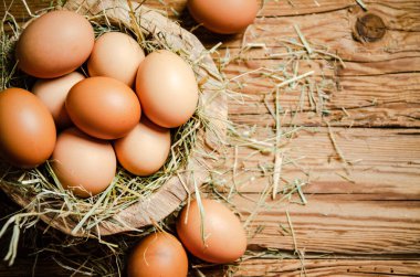 Tahta bir masada tabakta tavuk yumurtası..