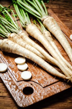 Taze maydanoz kökü. Kırsal arkaplan.