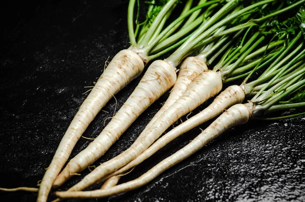 Fresh parsley root. Rustic background.