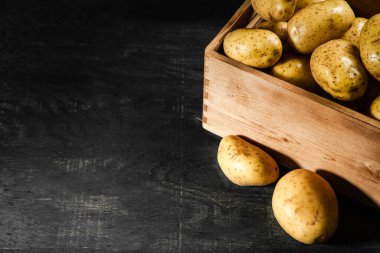 Taze patates. Siyah bir arkaplanda.
