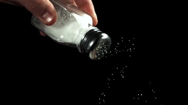 Salt Falls Salt Shaker Black Background Filmed High Speed Camera — Stock Video