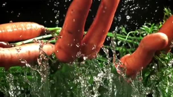 Cenouras Voam Com Salpicos Água Filmado Uma Câmera Alta Velocidade — Vídeo de Stock