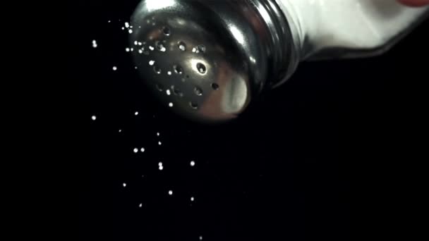 Salt Falls Salt Shaker Black Background Filmed High Speed Camera — Stock Video