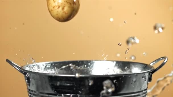 Ziemniaki Wpadają Wiadra Wodą Nagranie Szybkiej Kamerze Prędkością 1000 Fps — Wideo stockowe