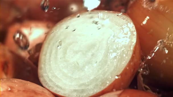 Kesilen Soğanın Yarısına Damlıyor 1000 Fps Yüksek Hızlı Bir Kamerayla — Stok video
