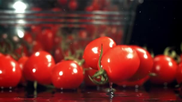 Tomates Caem Uma Mesa Molhada Filmado Uma Câmera Alta Velocidade — Vídeo de Stock