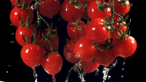 Drenos Água Tomates Cereja Filmado Uma Câmera Alta Velocidade 1000 — Vídeo de Stock