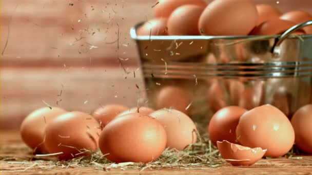 Feno Seco Cai Sobre Ovos Filmado Uma Câmera Alta Velocidade — Vídeo de Stock
