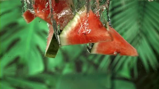 Watermeloen Plakjes Vallen Onder Water Gefilmd Een Hoge Snelheidscamera Met — Stockvideo