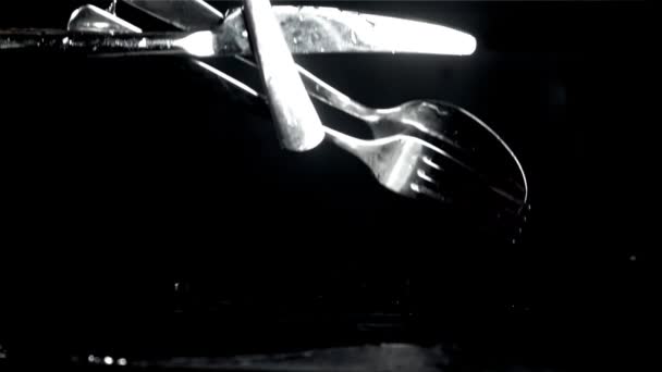 Cutlery Falls Black Wet Table Filmed High Speed Camera 1000 — Stock Video