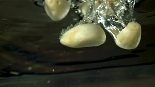 Geschilde Knoflook Valt Onder Water Gefilmd Een Hoge Snelheidscamera Met — Stockvideo