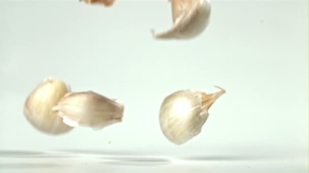 Čerstvý Česnek Padá Stůl Natočeno Vysokorychlostní Kameře Rychlostí 1000 Snímků — Stock video