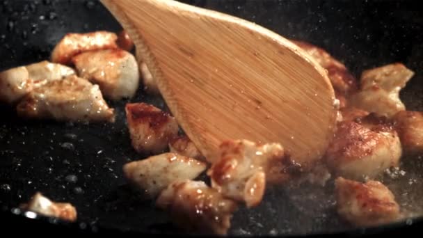 Stirring Fried Chicken Meat Frying Pan Filmed High Speed Camera — Stock Video