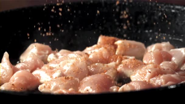 Espolvorear Las Especias Sobre Carne Pollo Una Sartén Filmado Una — Vídeos de Stock