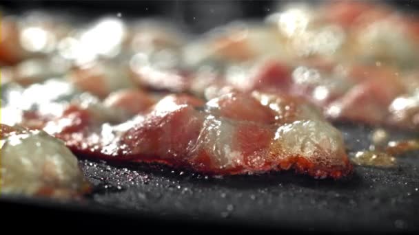 Fried Bacon Pan Filmed High Speed Camera 1000 Fps High — Stock Video