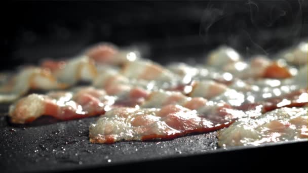 Bacon Fried Pan Splash Oil Filmed High Speed Camera 1000 — Stock Video