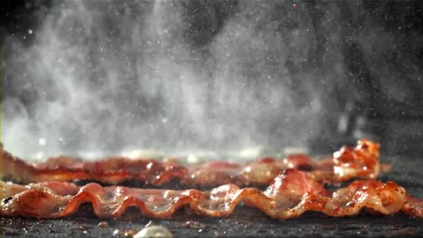 Bacon Fried Pan Splash Oil Filmed High Speed Camera 1000 — Stock Video