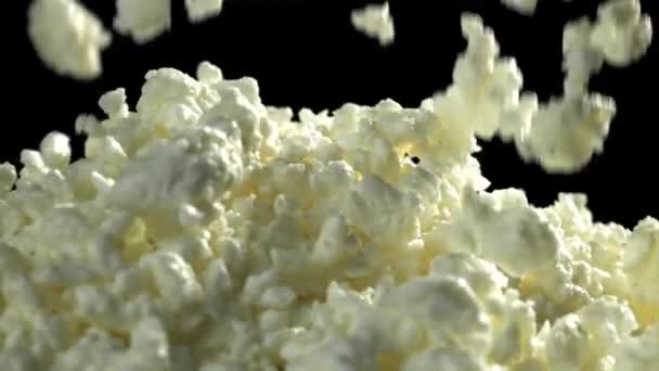 黒い背景に落ちる新鮮なコテージチーズ 1000Fpsで高速カメラで撮影しました 高品質のフルHd映像 — ストック動画
