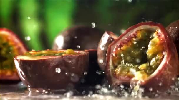 Raindrops Fall Tropical Passion Fruit Filmed High Speed Camera 1000 — Stock Video