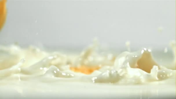 Kukuřičné Vločky Padají Mléka Natočeno Vysokorychlostní Kameře Rychlostí 1000 Snímků — Stock video