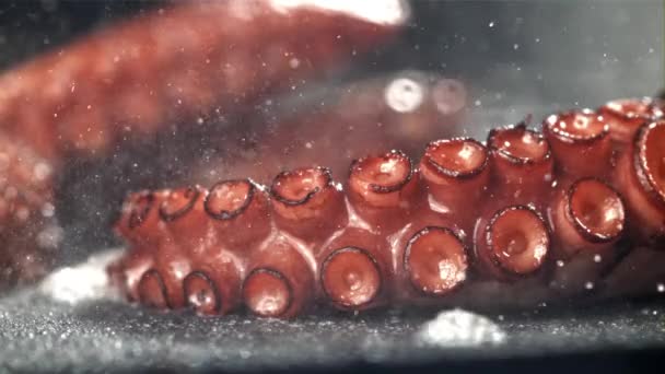 Gebratene Tintenfische Auf Einer Pfanne Mit Einem Spritzer Gefilmt Mit — Stockvideo