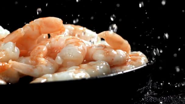 Des Gouttes Eau Coulent Sur Les Crevettes Fraîches Filmé Par — Video