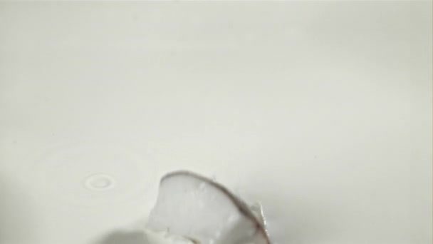 Kawałki Kokosa Wpadają Mleka Rozpryskami Nagranie Szybkiej Kamerze Prędkością 1000 — Wideo stockowe