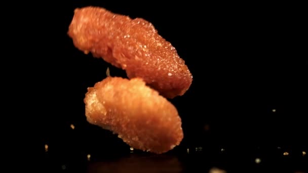 Chicken Nuggets Fall Table Filmed High Speed Camera 1000 Fps — Stock Video