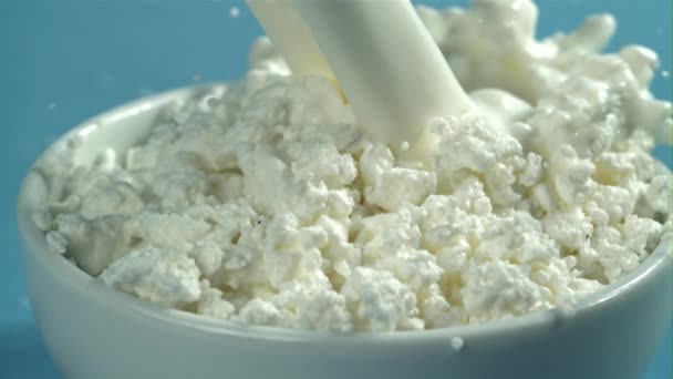 ミルクは新鮮なコテージチーズに注ぎ込まれています 1000Fpsで高速カメラで撮影しました 高品質のフルHd映像 — ストック動画