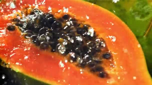 Papaya Tropical Fresca Con Gotas Salpicaduras Agua Filmado Una Cámara — Vídeos de Stock