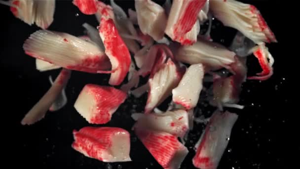 Fresh Crab Sticks Fly Fall Filmed High Speed Camera 1000 — Stock Video