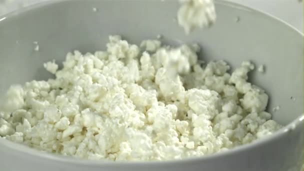Fresh Cottage Cheese Falls Bowl Filmed High Speed Camera 1000 — Stock Video