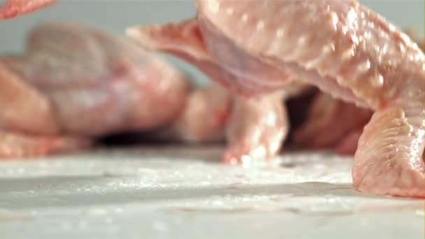 Rohe Hühnerflügel Fallen Auf Weißem Hintergrund Gefilmt Mit Einer Hochgeschwindigkeitskamera — Stockvideo