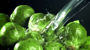 Brüksel lahanalarına bir su akıntısı akıyor. 1000 fps 'de yüksek hızlı bir kamerayla çekildi. Yüksek kaliteli FullHD görüntüler