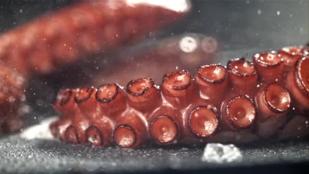 油炸章鱼的触手放在油锅上 上面撒满了油 在1000英尺每秒的高速相机上拍摄 优质Fullhd影片 — 图库视频影像