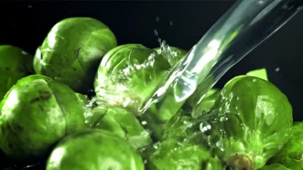 Een Stroom Water Stroomt Spruitjes Gefilmd Een Hoge Snelheidscamera Met — Stockvideo