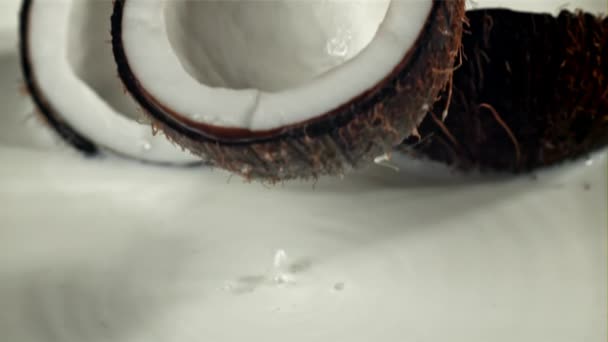 Половина Кокосового Горіха Потрапляє Молоко Бризками Знімався Високошвидкісній Камері Швидкістю — стокове відео