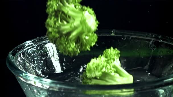 Brokkoli Fällt Eine Schüssel Mit Wasser Gefilmt Mit Einer Hochgeschwindigkeitskamera — Stockvideo