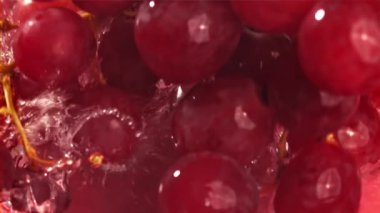 Kırmızı üzümler suya su sıçratarak düşer. Üst Manzara. 1000 fps 'de yüksek hızlı bir kamerayla çekildi. Yüksek kaliteli FullHD görüntüler