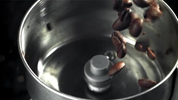 コーヒー豆は作業グラインダーに落ちます 1000Fpsで高速カメラで撮影しました 高品質のフルHd映像 — ストック動画