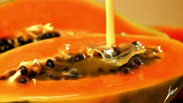 Papaya Proaspătă Strop Suc Filmat Cameră Mare Viteză 1000 Cps — Videoclip de stoc