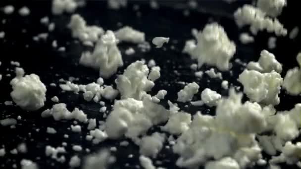 Fresh Cottage Cheese Falling Black Background Filmed High Speed Camera — Stock Video