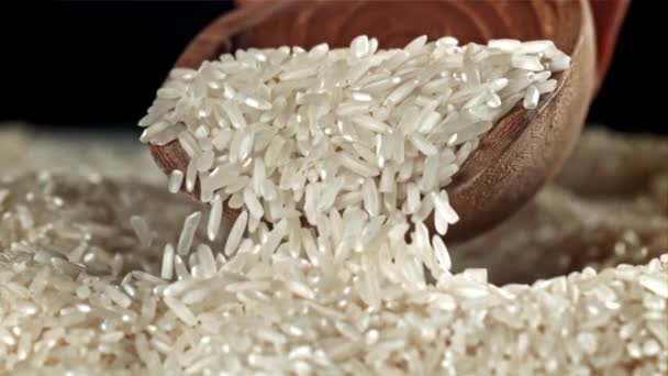 Rice Grains Pour Out Scoop Filmed High Speed Camera 1000 — Stock Video